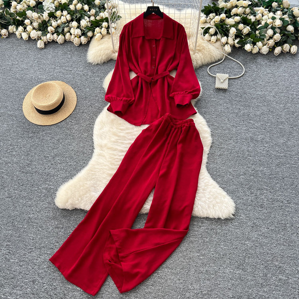 Light mature style casual strappy waist long sleeves single-breasted shirt women's high waist wide-leg straight-leg pants loose two-piece set