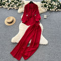 Light mature style casual strappy waist long sleeves single-breasted shirt women's high waist wide-leg straight-leg pants loose two-piece set