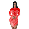 C6371 cross-border   fashion women's solid color mesh rhinestone long sleeve mini dress