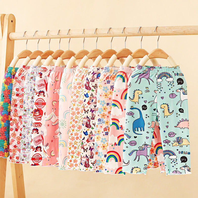 Girls' summer pants: kids' summer cartoon baby girl milk silk leggings - lightweight outerwear for summer