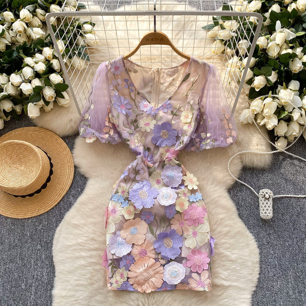 French style outfit for women french palace heavy industry embroider mesh puff sleeves waist dress for women slimming lookelegantdress