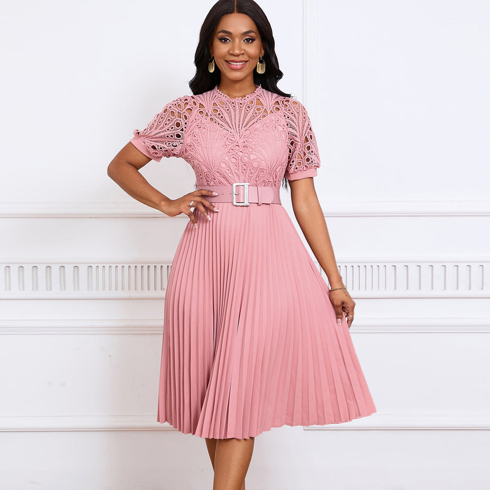 D499 european and american style women's  new short-sleeve lace trim pleated african dress - cross-border evening gown