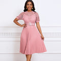 D499 european and american style women's  new short-sleeve lace trim pleated african dress - cross-border evening gown
