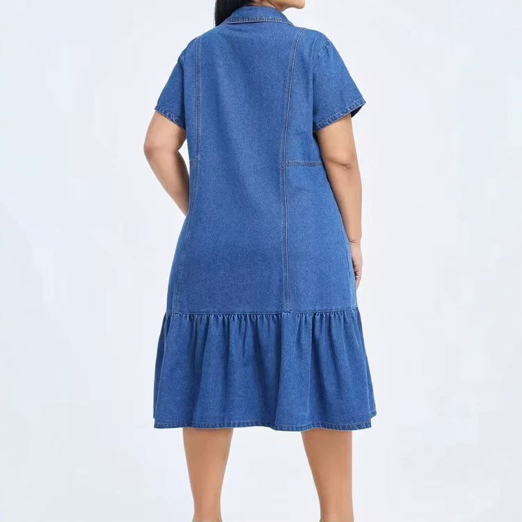 summer fashion cross-border  independent station short sleeve lapel casual style women's denim dress