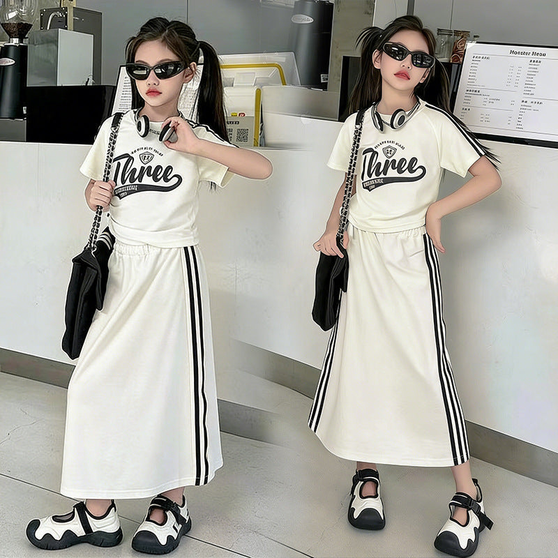 versatile girls' summer outfit: korean style sporty & casual fashion short-sleeve t-shirt and skirt two-piece set