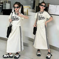 versatile girls' summer outfit: korean style sporty & casual fashion short-sleeve t-shirt and skirt two-piece set
