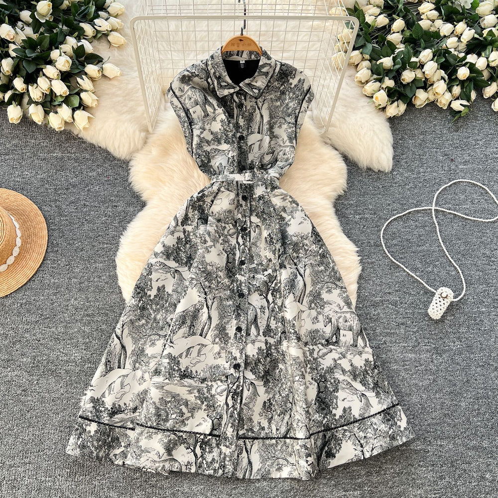 new women's high-end elegant dress - sleeveless, notched collar, cinched waist, single-breasted, ink wash painting jacquard maxi dress