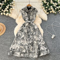 new women's high-end elegant dress - sleeveless, notched collar, cinched waist, single-breasted, ink wash painting jacquard maxi dress