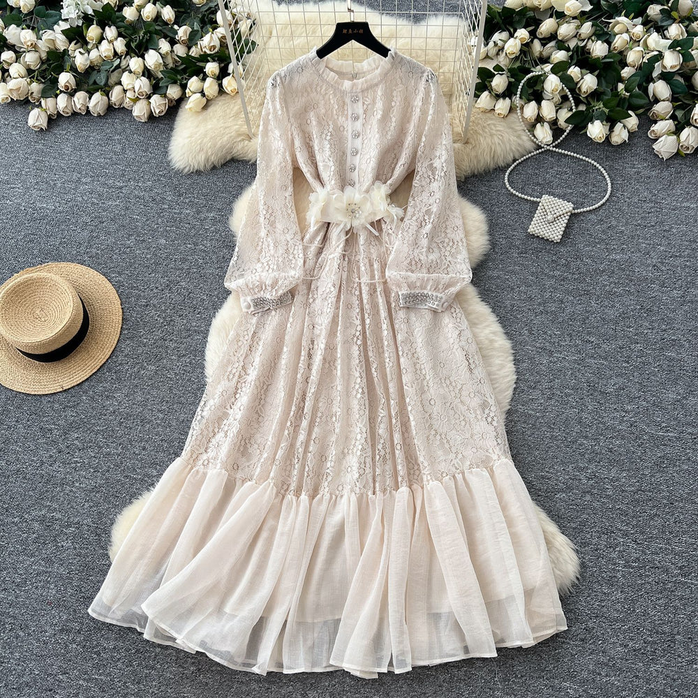 Luxury european and american style high-end puff sleeve dress - women's summer diamond-studded lace mesh patchwork ultra-fairy maxi dress