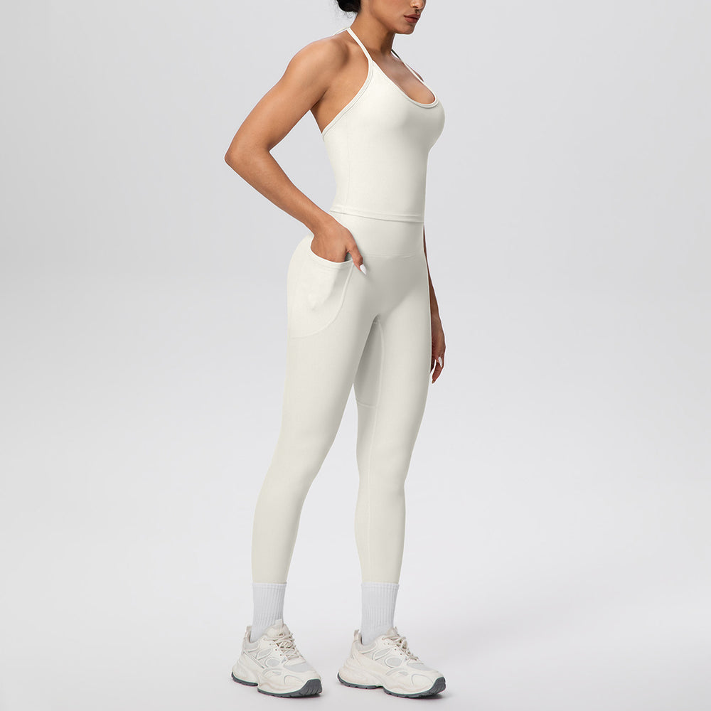 Cloud-feel quick-dry tie-up tank top & high-waisted pocket leggings activewear set - perfect for outdoor running, fitness, and yoga