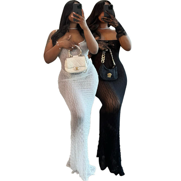 HR24027 European and American women's clothing, jacquard fabric, sexy semi-transparent suspender dress, long dress