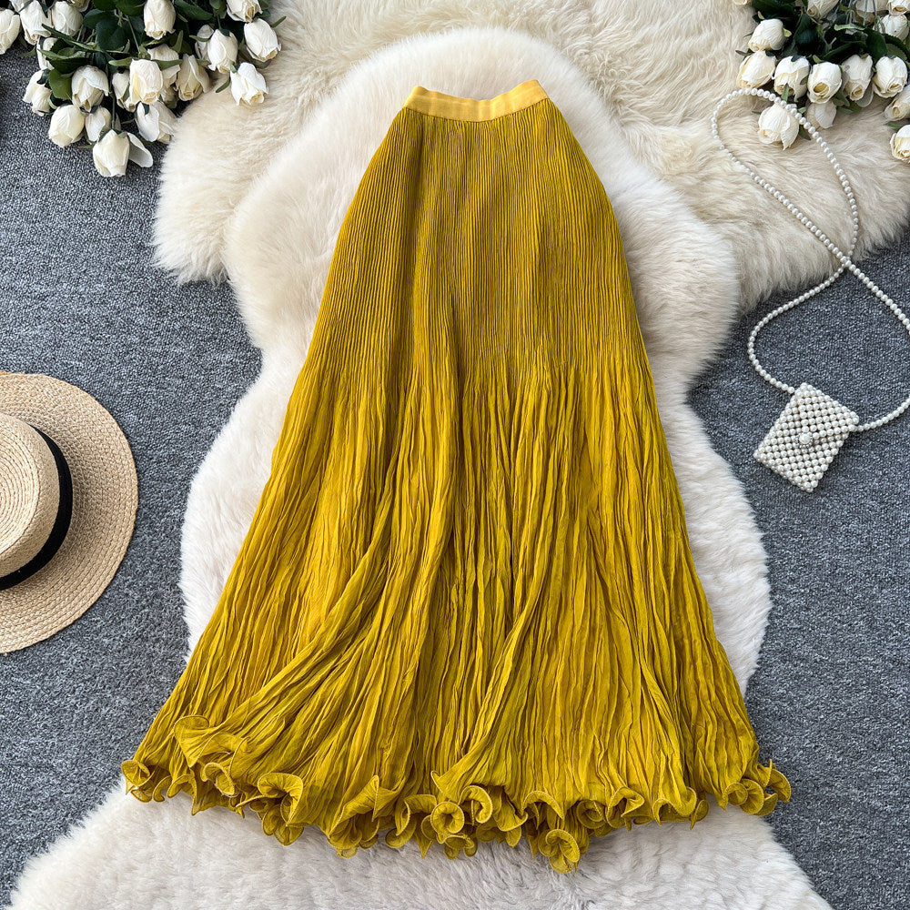 K-style high waist pleated lace skirt women's summer a-line casual large swing work clothingelegant long skirt multi-color