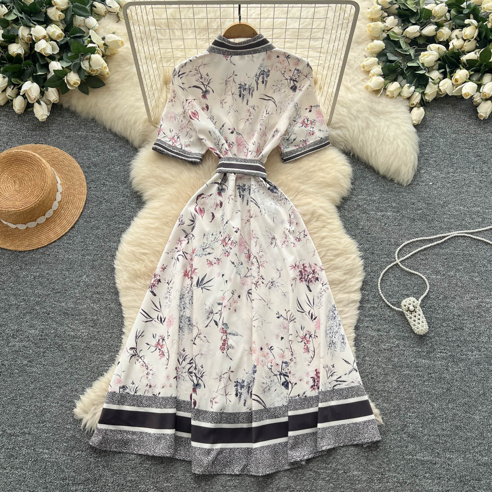 European fashionable printing dress women's  summer light mature style straps waist lapel short sleeve single breasted long skirt