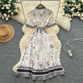 European fashionable printing dress women's  summer light mature style straps waist lapel short sleeve single breasted long skirt