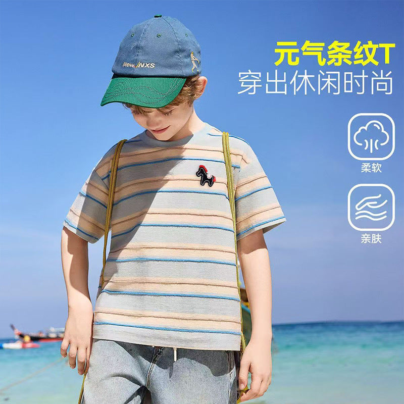 Kids' short-sleeve summer outfit : stylish lightweight summer shirt for boys, baby polo shirt with pony stripes, boys' single top