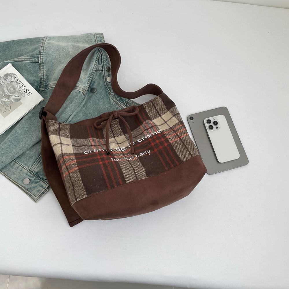 European and american retro plaid bag autumn and winter versatile new double-sided backpack solid color minimalist shoulder bag large capacity tote bag