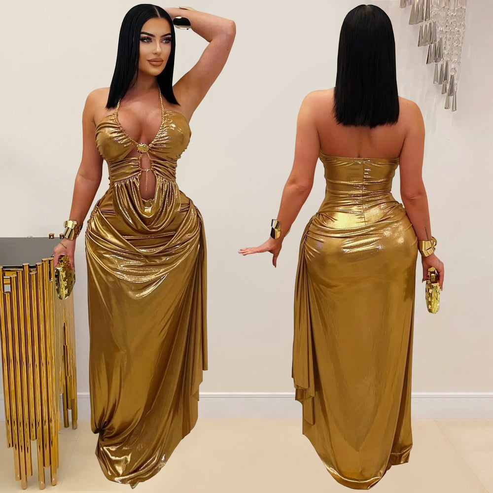 C7491 cross-border   fashion women's sexy halter gold chain ruched sleeveless dress