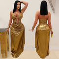 C7491 cross-border   fashion women's sexy halter gold chain ruched sleeveless dress