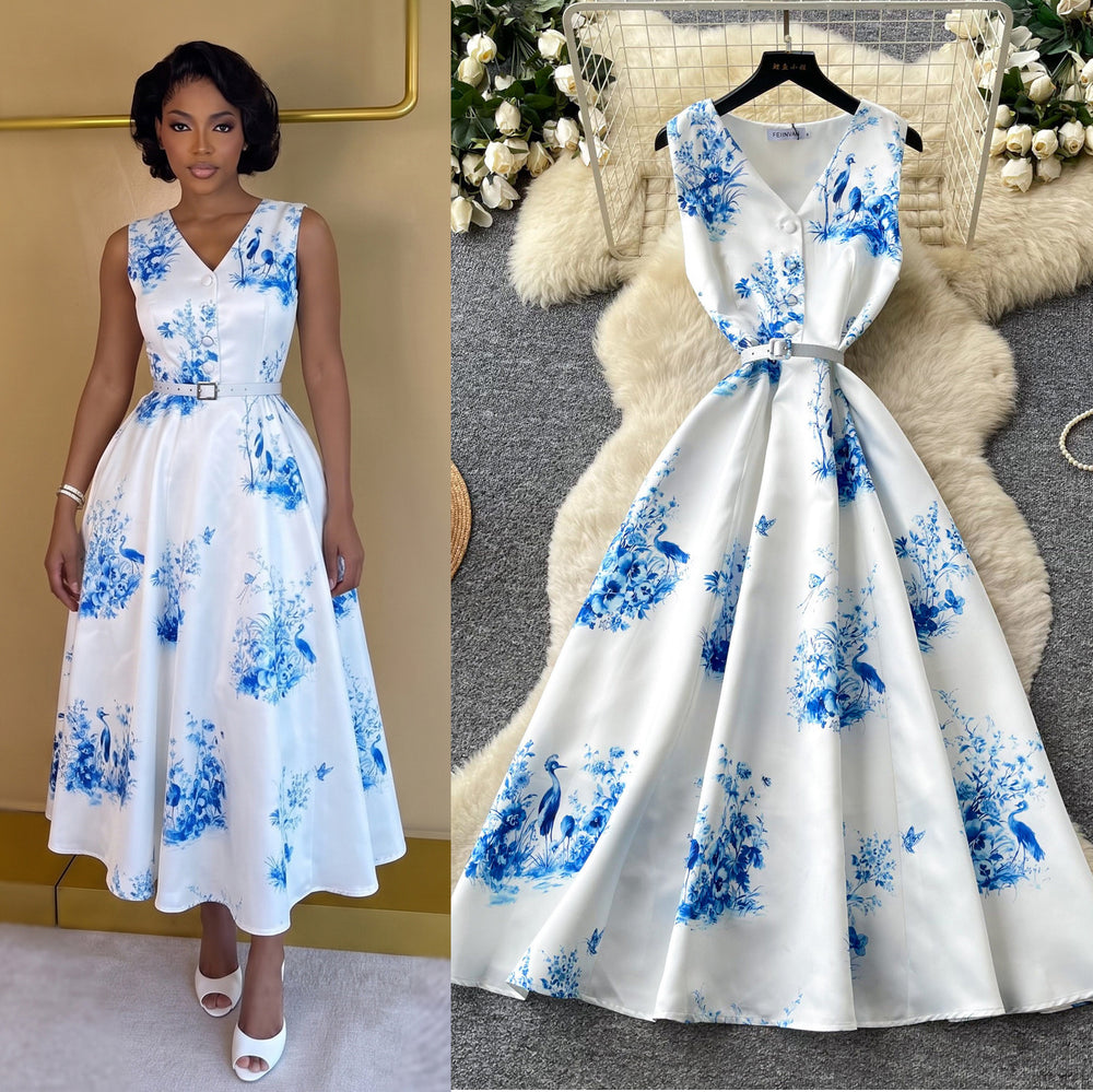 Blue and white porcelain style sleeveless floral print dress - women's summer v-neck, slimming, elegant maxi dress for work and casual wear