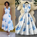 Blue and white porcelain style sleeveless floral print dress - women's summer v-neck, slimming, elegant maxi dress for work and casual wear