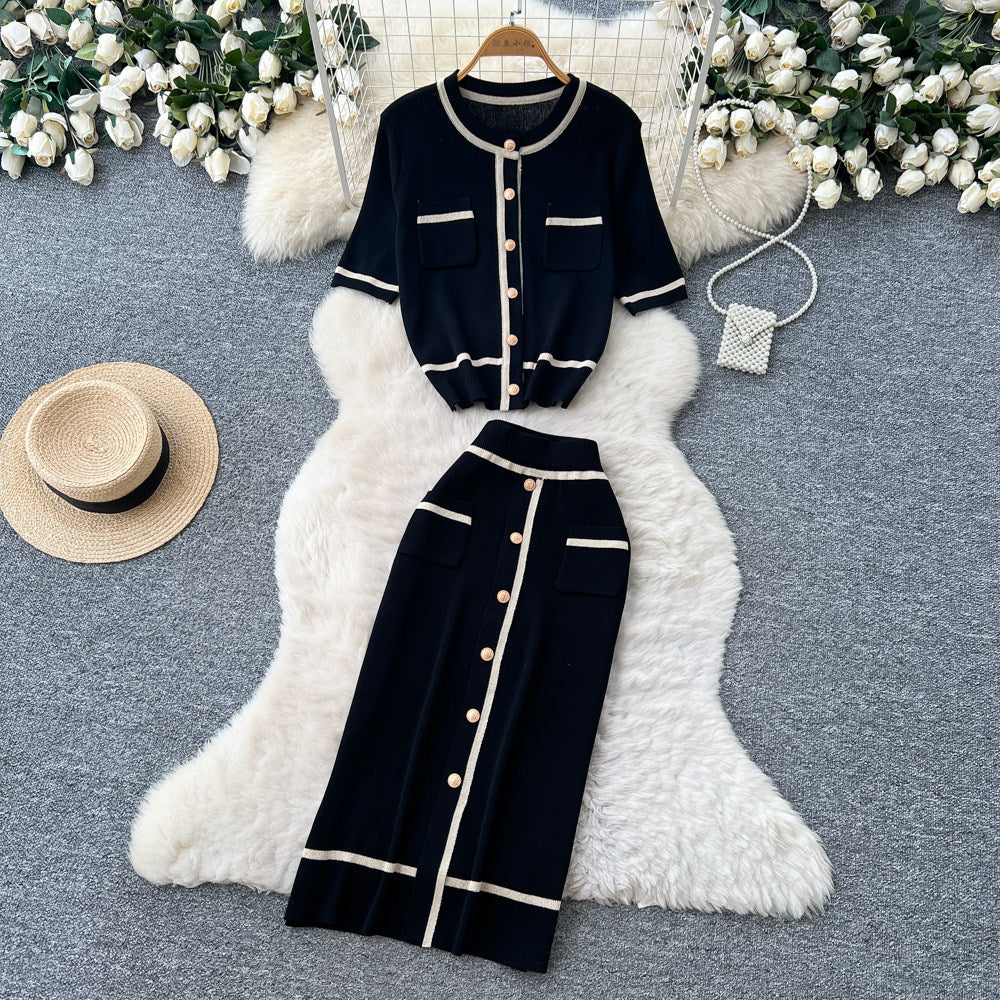 French chic knit cardigan and midi skirt set - women's summer short sleeve casual and elegant height-enhancing outfit