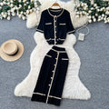 French chic knit cardigan and midi skirt set - women's summer short sleeve casual and elegant height-enhancing outfit
