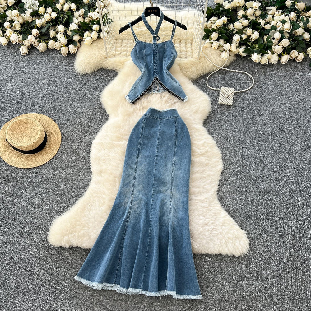 Pure desire hot girl suit women's summer american style silmasymmetrical tassel suspender denim tops + mermaid skirt