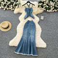 Pure desire hot girl suit women's summer american style silmasymmetrical tassel suspender denim tops + mermaid skirt