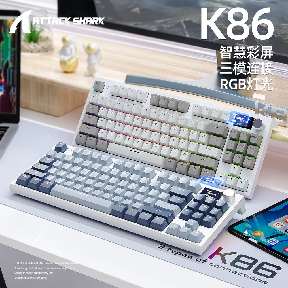 Attack shark k86 mechanical keyboard - wireless tri-mode bluetooth rgb display customizable hot-swappable mechanical keyboard