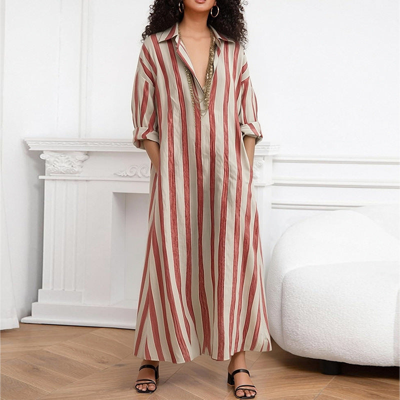 cross-border european and american women's clothing: summer dress for women, casual everyday loose striped v-neck dress