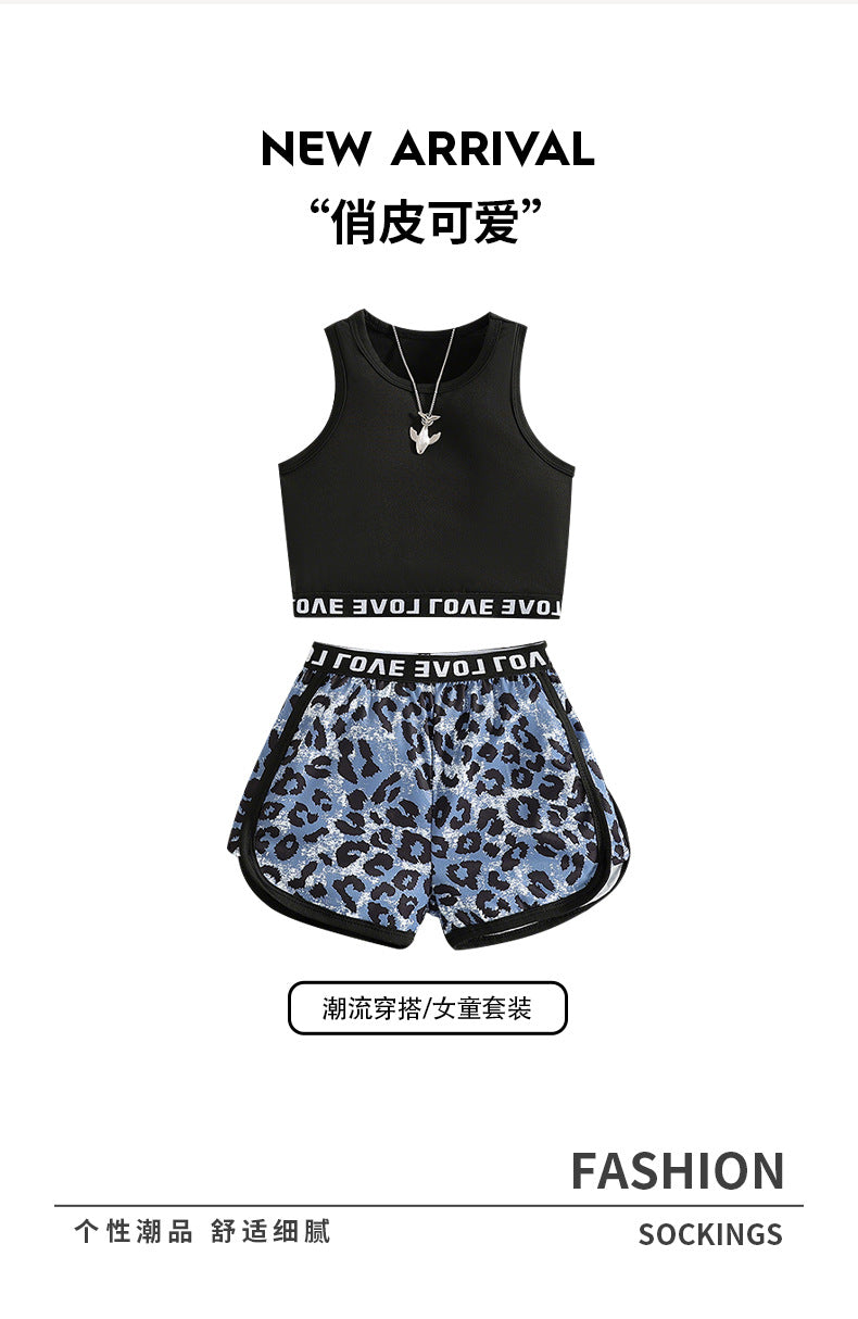 Girls' activewear set: black tank top with sporty letter webbing and leopard print shorts - perfect for summer!