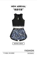 Girls' activewear set: black tank top with sporty letter webbing and leopard print shorts - perfect for summer!
