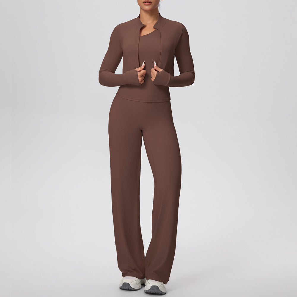 pure color brushed tight one-shoulder vest wide-leg long three-piece set sports running fitness yoga suit