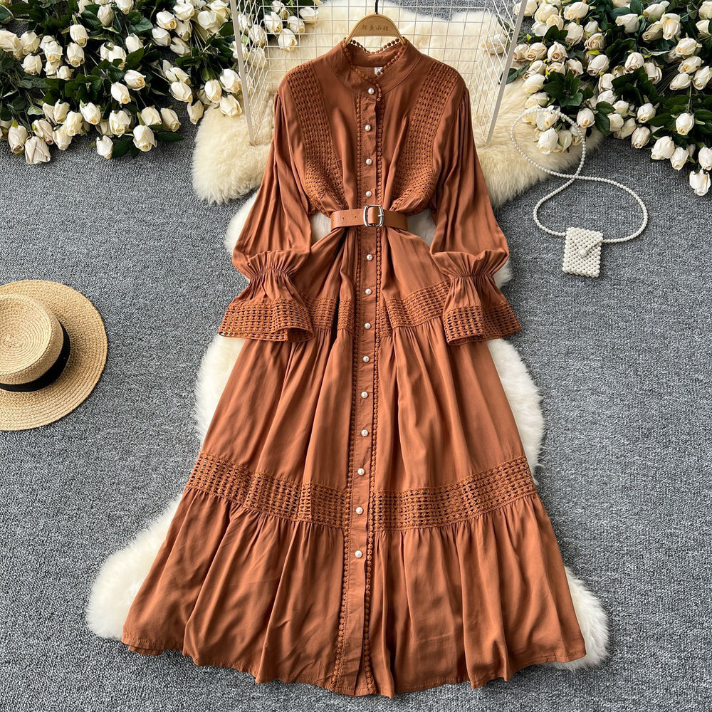 French court retroelegancedress women's stand collar bell sleeves waist single breasted lacepatchwork large swing long skirt