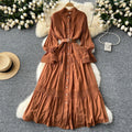 French court retroelegancedress women's stand collar bell sleeves waist single breasted lacepatchwork large swing long skirt