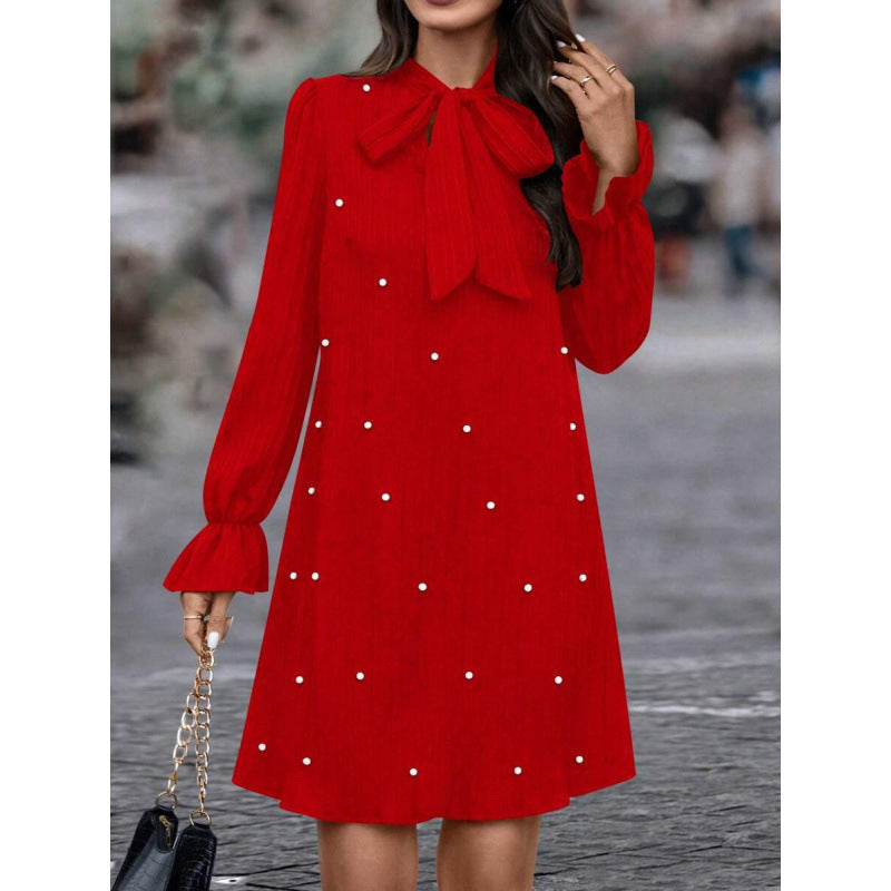 e-commerce  early spring independent store european and american women's clothing tie-up beaded long-sleeved solid color dress