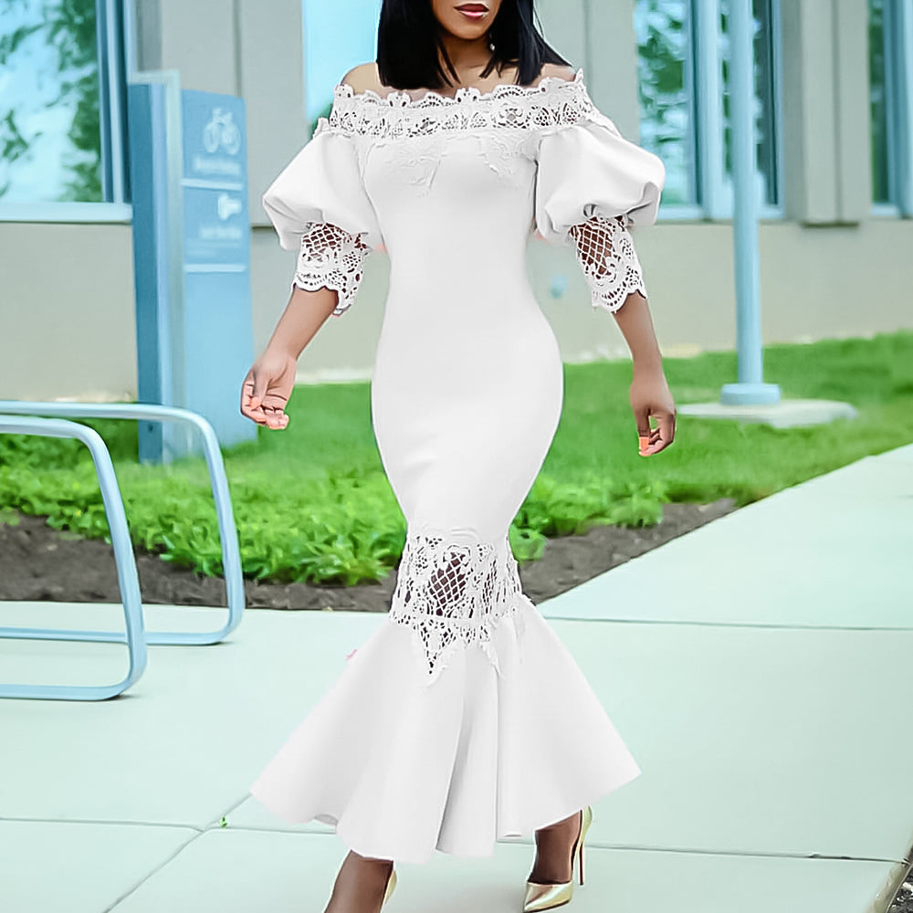 D3223 cross-border e-commerce  summer new arrival off-the-shoulder lace trim elegant mermaid dress evening gown european and american style dress