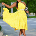 D404 with belt independent station export women's clothing new arrivalfashionelegant slanted shoulder pure color pleated large skirt european and american dress