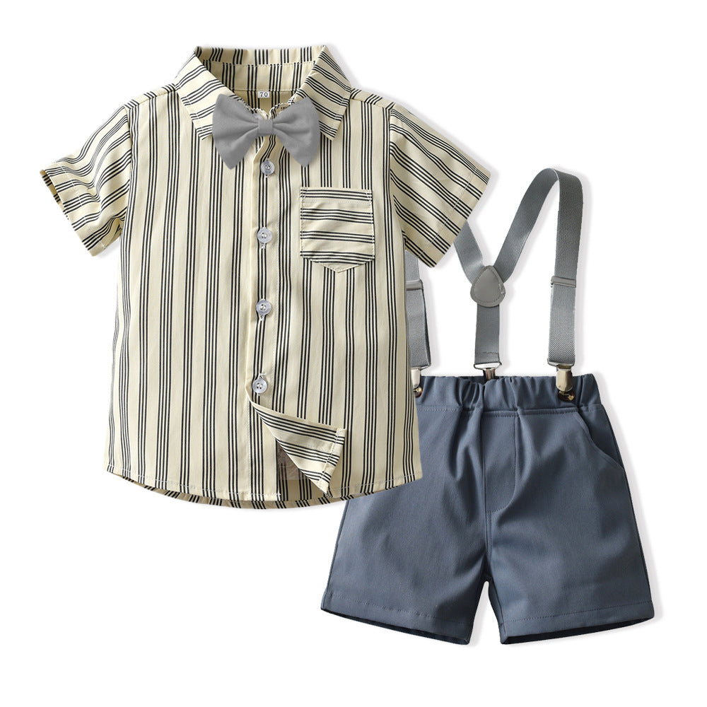 Korean style kids' outfit: new trendy striped short-sleeve overalls two-piece set for boys - lightweight summer korean fashion children's clothing