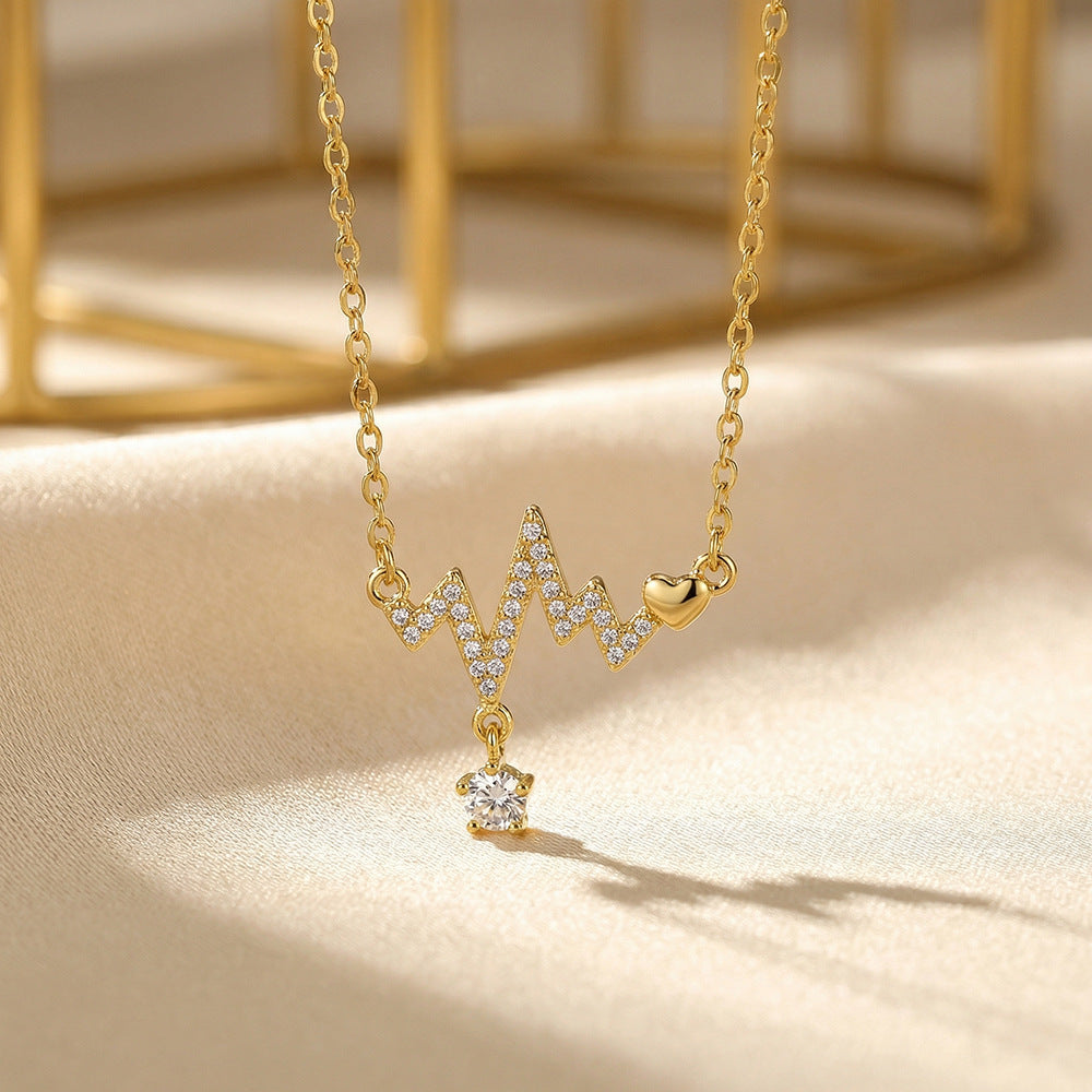 Japanese and korean popular copper inlaid zirconium full diamond electrocardiogram necklace for women accessible luxuryniche stylefashionelegant titanium steel clavicle chain jewelry