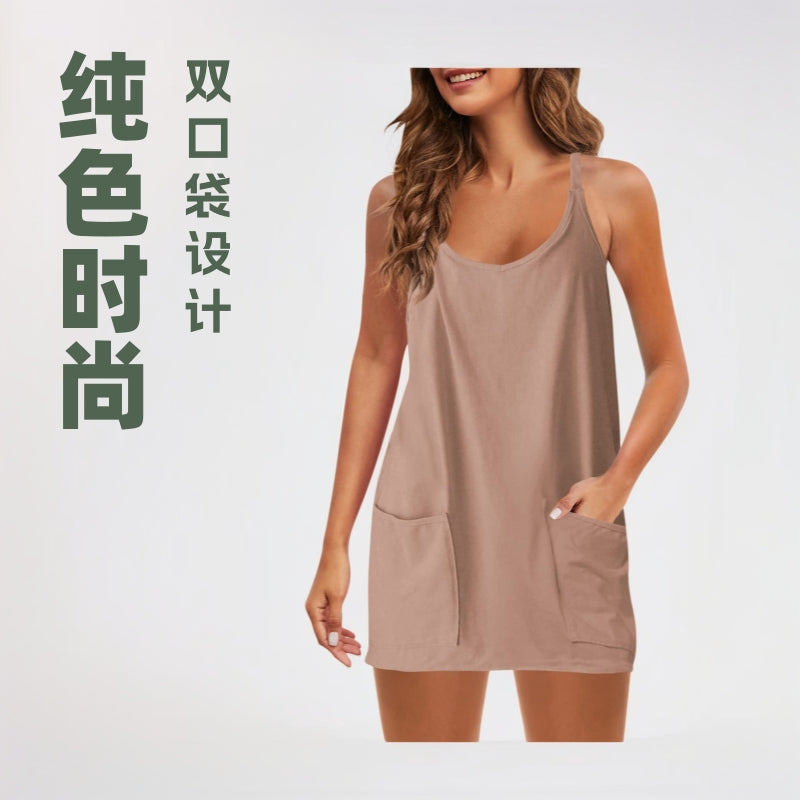 cross-border  hot-selling women's solid color fashion casual double pocket knitted dress