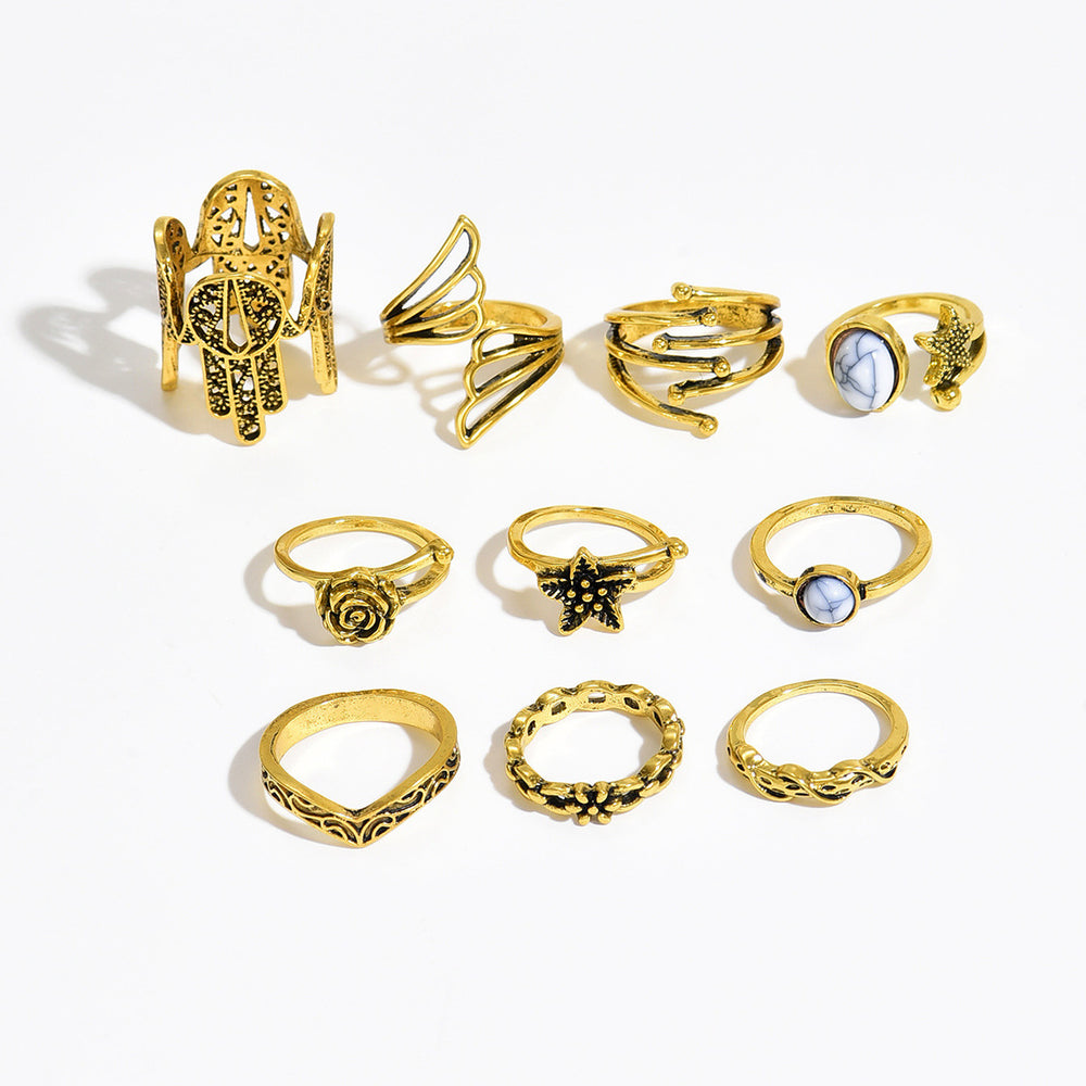 European and american cross-border fashion light luxury niche floral ring hollow design geometric line 10-piece ring set