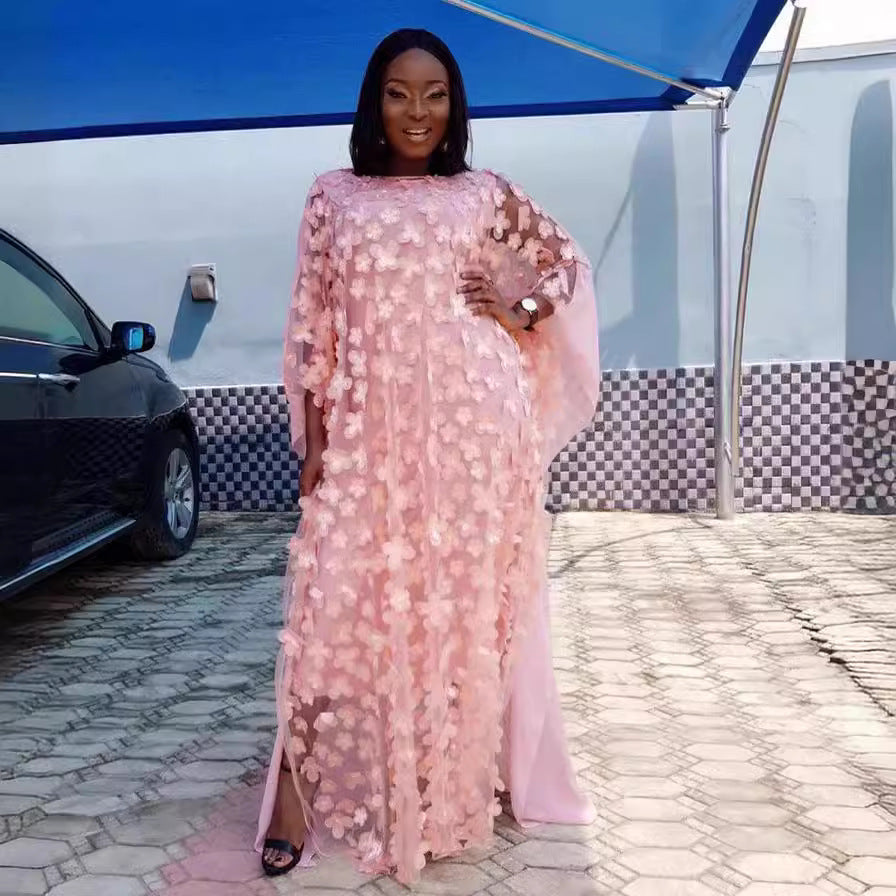 African women's dress 3d embroidered floral mesh round neck batwing sleeve loose plus size robe + vest maxi dress