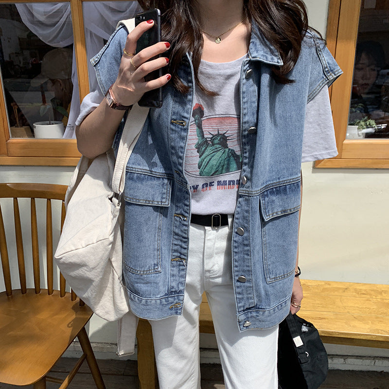 Denim vest for women springk-style student outwearlooseslimming lookfashionbai casual sleeveless vest
