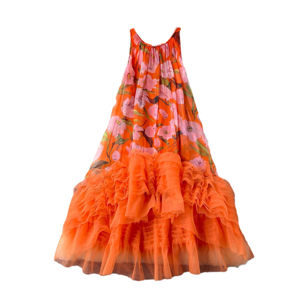 French retro court style fashionable printed patchwork mesh puffy irregular ruffle hem dress for women