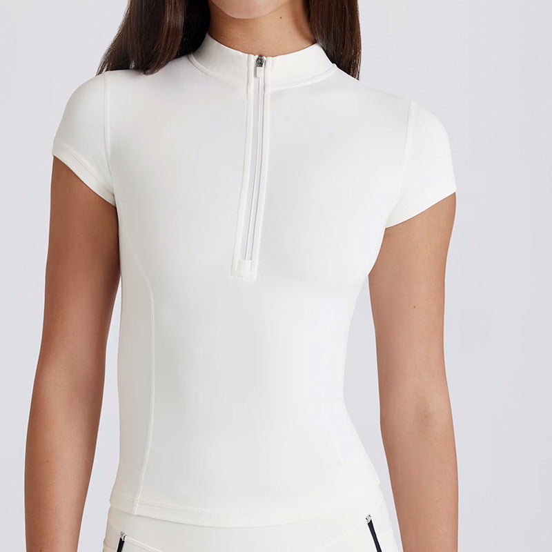 Yoga zip-up top, slim fit activewear, outdoor fitness shirt, women's quick-dry sports short sleeve t-shirt, casual wear