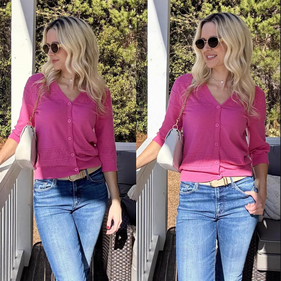 Europe, America,   women's clothing 2025 summer thin shawl seven-quarter sleeve hollow-knit V-neck cardigan