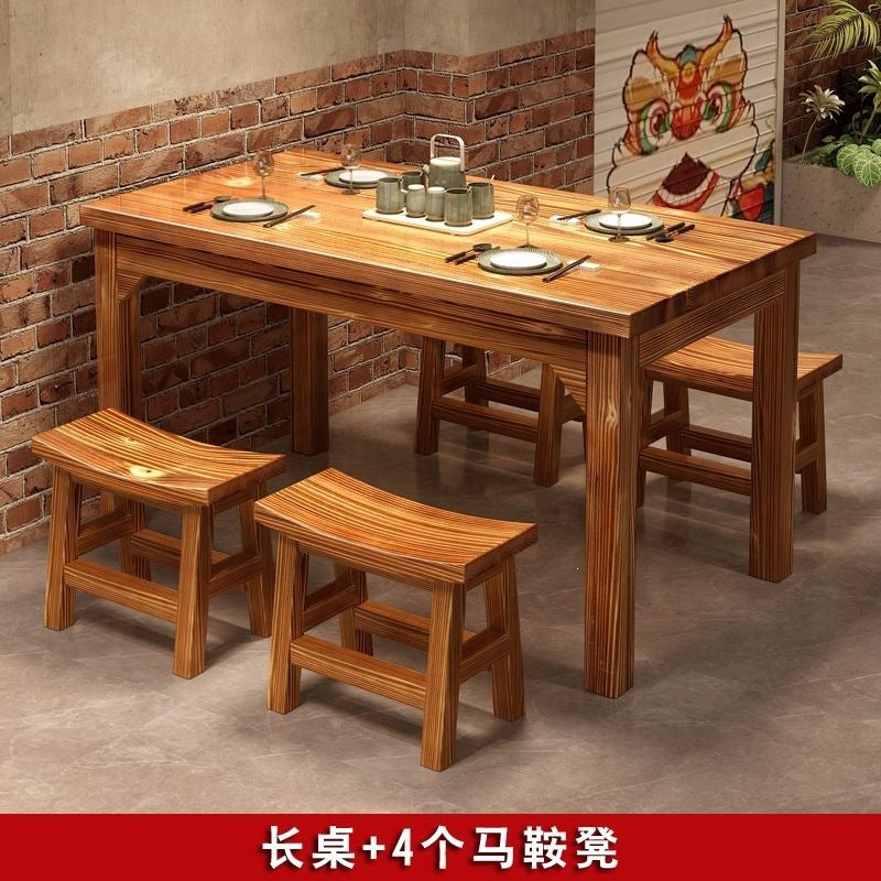 Solid wood dining table and chairs chinoiserie carbonized hot pot barbecue rectangular log dining table restaurant snack shop restaurant dining table