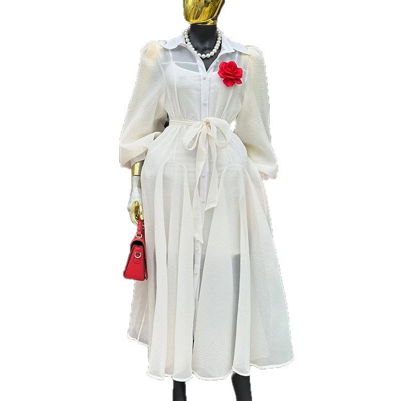 European and american women's clothing  autumn new sweet and clear collar lantern sleeve high waist slimming a-line maxi dress