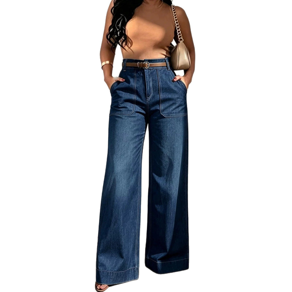 Fashionjeans women's dark blue topstitch large flap pocket pants wide-leg pants american high waistdrapedloosestraight-leg denim pants